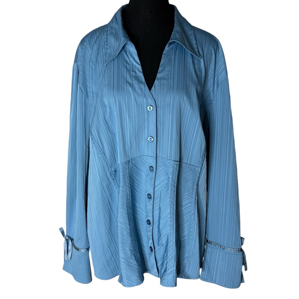 PENNINGTONS Blue Lace Up Back Button Down Blouse V Neck Ribbon Plus Size 24